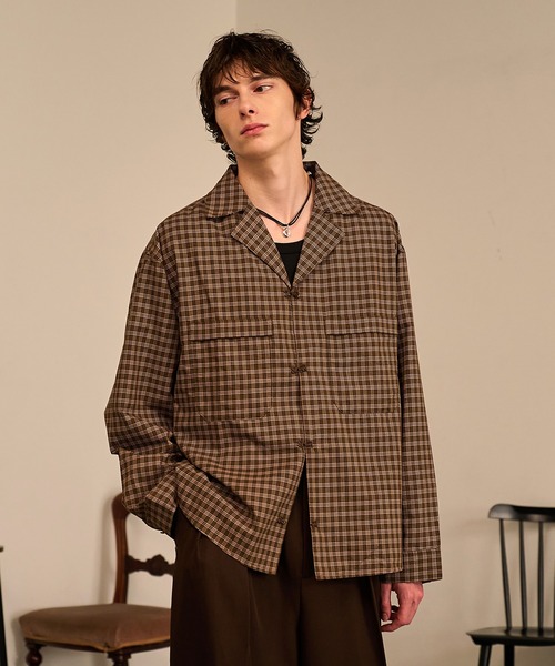 Forte シャツ Grid Check Open Collar Shirt/グリッドチェックオープン