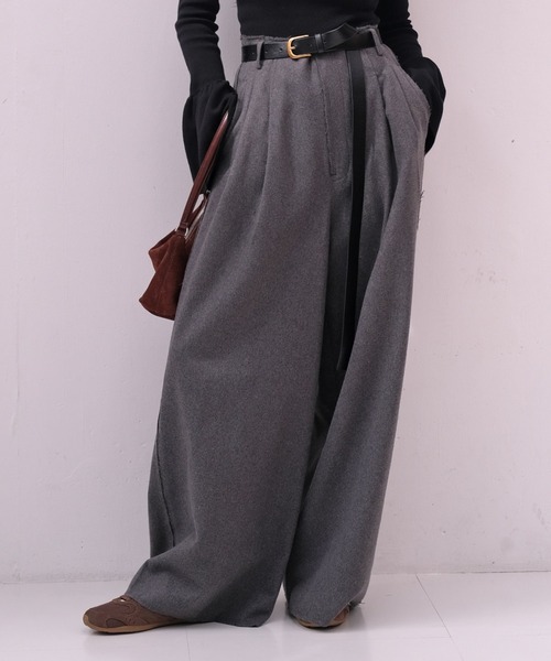 AKTE（アクテ） パンツ ハイウエストネップタッチワイドパンツ