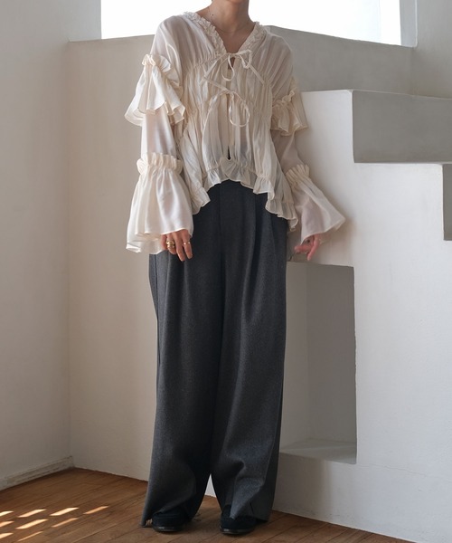 AKTE（アクテ） パンツ ハイウエストネップタッチワイドパンツ