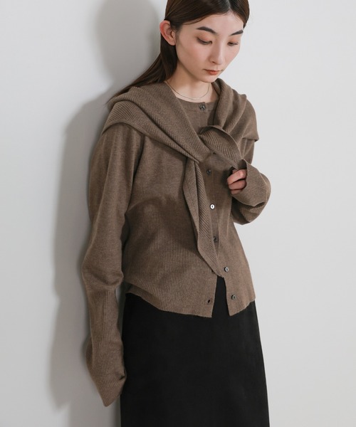 スカーフ地とニットの高品質マダムカットソーカーディガン select MOCA（セレクトモカ） ニット セーター ニットスカーフセット