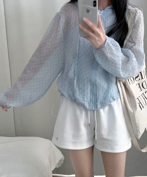 ブラウス シャツ ドットシアーシャツパーカー ドローコード付き ウインドブレーカー レディース | lulufa | 04