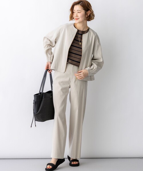 コート アウター リネンレーヨンストレッチ ノーカラー ブルゾン