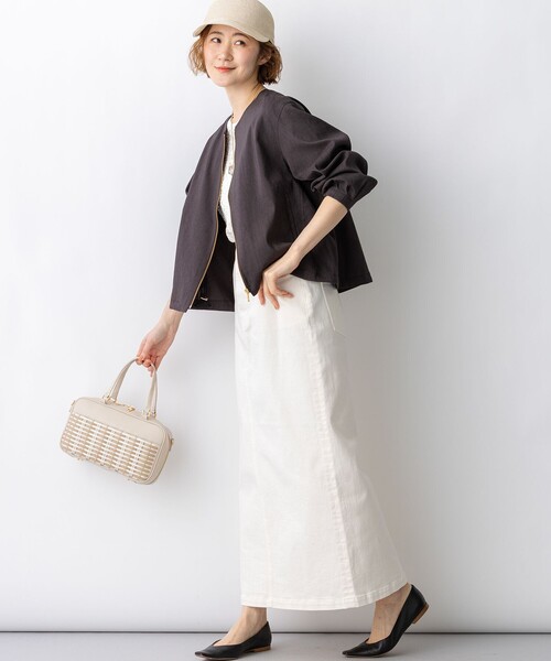コート アウター リネンレーヨンストレッチ ノーカラー ブルゾン