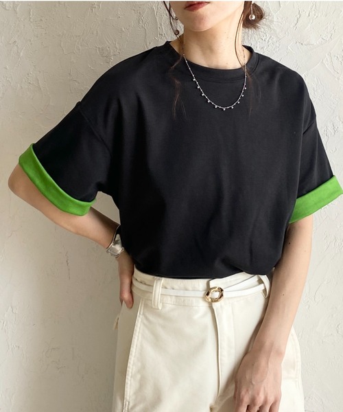 She's Closet tシャツ 半袖 半袖 バイカラー配色 袖ロールアップ T