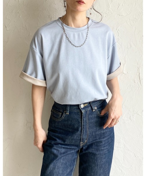 She's Closet tシャツ 半袖 半袖 バイカラー配色 袖ロールアップ T