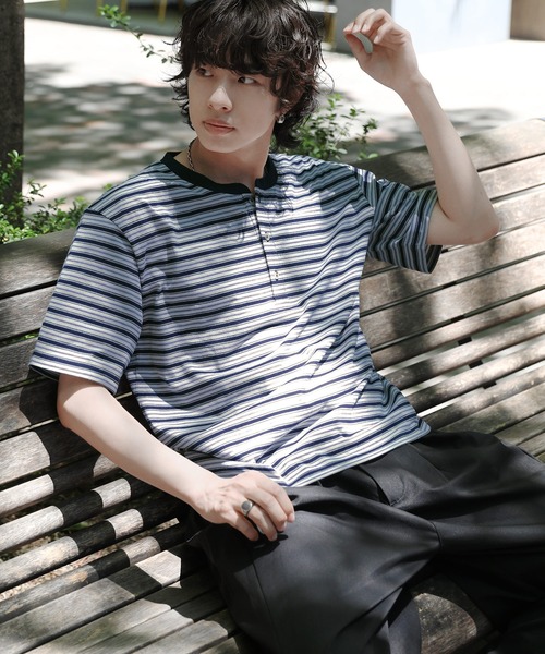 NAKER ヘンリーネック tシャツ ヘンリーネックボーダーTシャツ メンズ