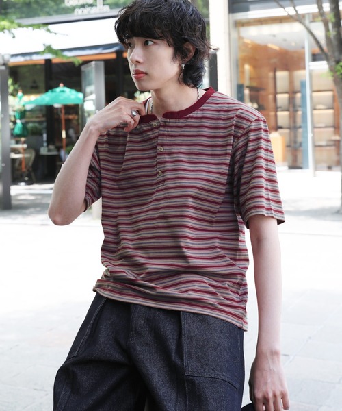 NAKER ヘンリーネック tシャツ ヘンリーネックボーダーTシャツ メンズ