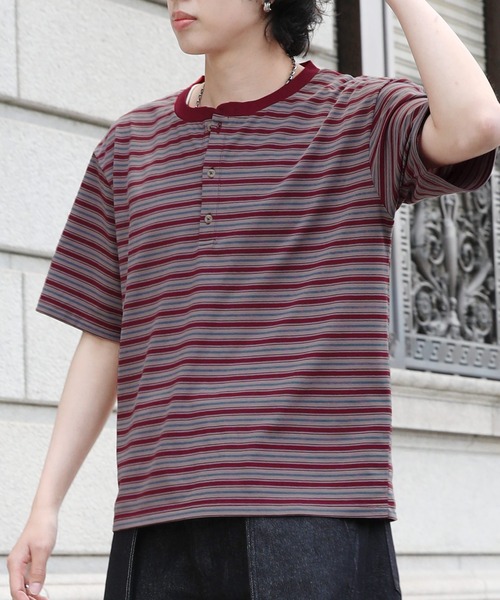 NAKER ヘンリーネック tシャツ ヘンリーネックボーダーTシャツ メンズ