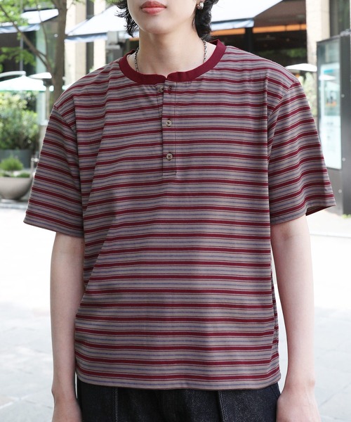 NAKER ヘンリーネック tシャツ ヘンリーネックボーダーTシャツ メンズ