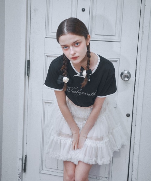 tシャツ オーガニックコットンリボンフレームロゴTシャツ レディース Lovilyn tシャツ ロゴ刺繍リボンコットンTシャツ レディース