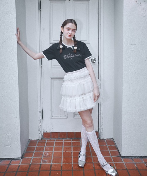 Lovilyn tシャツ ロゴ刺繍リボンコットンTシャツ レディース