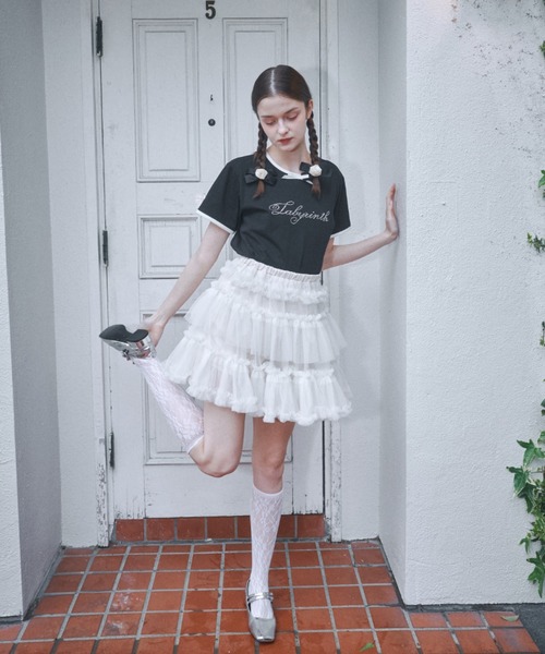 tシャツ ロゴ刺繍リボンコットンTシャツ レディース Lovilyn tシャツ ロゴ刺繍リボンコットンTシャツ レディース