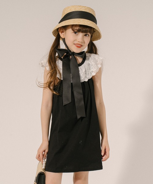 美品 メゾピアノ カットワークギンガム ドッキングワンピース 黒 130cm 