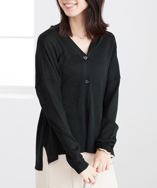 BELLUNA PLUS（ベルーナプラス） カーディガン ボタン使いラメ入り