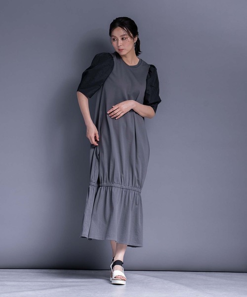 Anside ワンピース スムース×タフタスリーブカットワンピース 