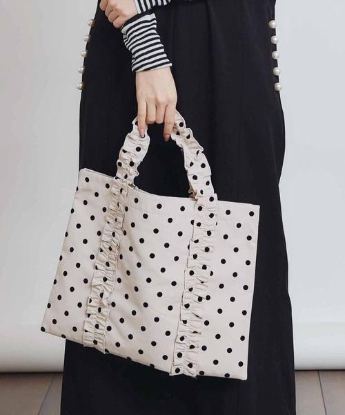 PICCIN PERLA トートバッグ フロッキードットフリル付き手提げバッグ