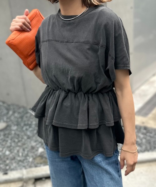 mi via loca tシャツ ピグメント フリルギャザー フレンチスリーブ