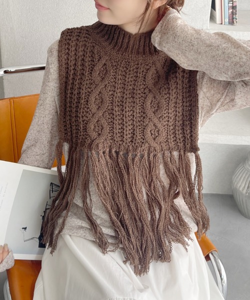 HYKE フリンジニットベスト ブラウン HYKE(ハイク)】 WOOL RIBBED SWEATER TOP WITH FRINGE｜PARIGOT ONLINE