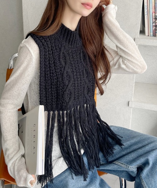 Ada. ベスト ジレ ケーブルデザイン 裾フリンジニットベスト