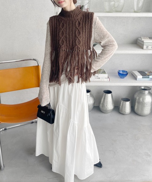 Ada. ベスト ジレ ケーブルデザイン 裾フリンジニットベスト