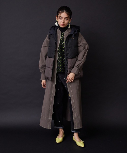 クレージュ　ナイロンコート　薄手　ベルト付　ロゴボタン　黒￼ CHECK JACQUARD OVERSIZED SOUTIEN COLLAR COAT(S Black): S'YTE｜THE