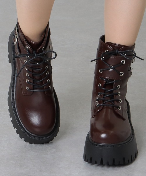 Lace Ladies ブーツ ダブルベルト レザー調 厚底 レースアップ
