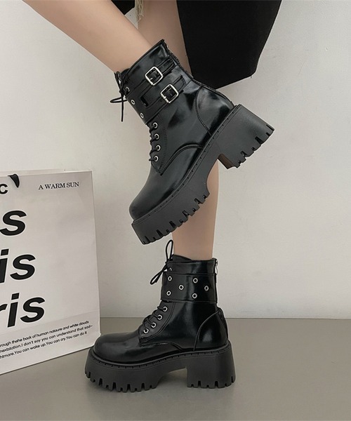 Lace Ladies ブーツ ダブルベルト レザー調 厚底 レースアップ