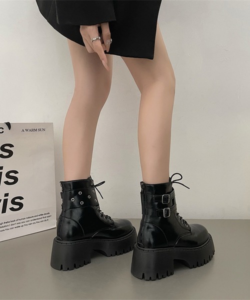 Lace Ladies ブーツ ダブルベルト レザー調 厚底 レースアップ