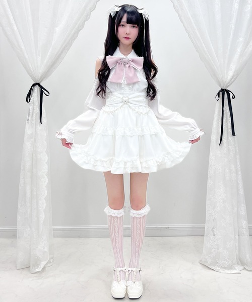 DearMyLove スカート リボンパールチェーンレースフリルスカート