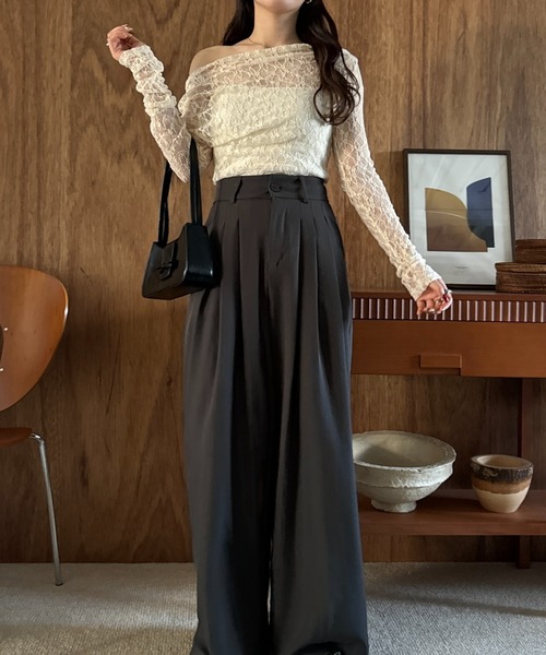 ブラウス シャツ レーストリミング前スリットオフショルブラウス レディース Heather ブラウス シャツ フロントスリットブラウス 141584