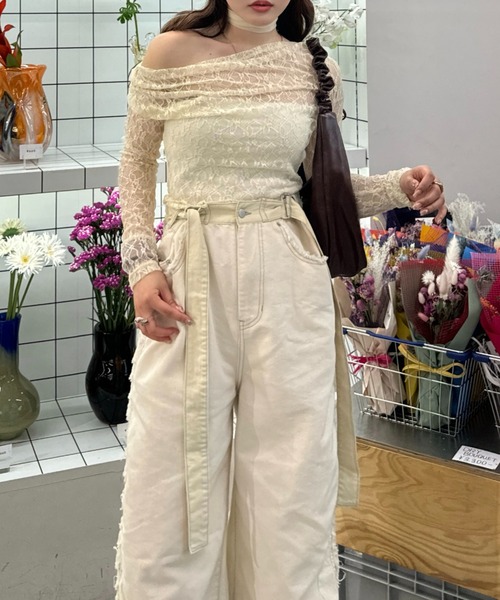ブラウス シャツ レーストリミング前スリットオフショルブラウス レディース Heather ブラウス シャツ フロントスリットブラウス 141584