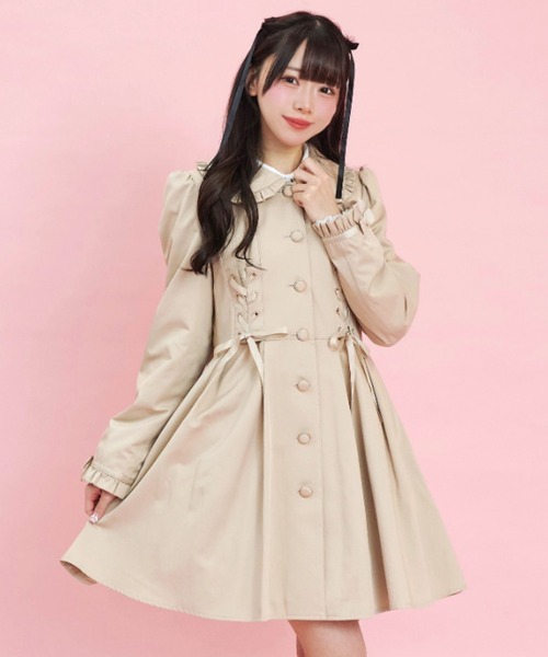 SECRET HONEY ベージュ フリル付きトレンチコート 可愛いコート シークレットハニー Secret Honey バッスルトレンチコート