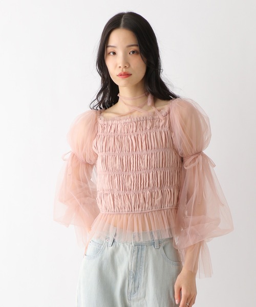Heather ブラウス シャツ シャーリングチュールブラウス 327109