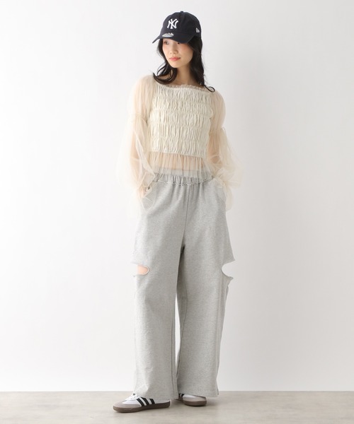 Heather ブラウス シャツ シャーリングチュールブラウス 327109