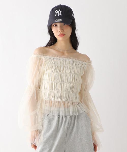 Heather ブラウス シャツ シャーリングチュールブラウス 327109
