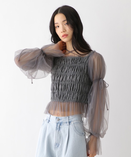 Heather ブラウス シャツ シャーリングチュールブラウス 327109