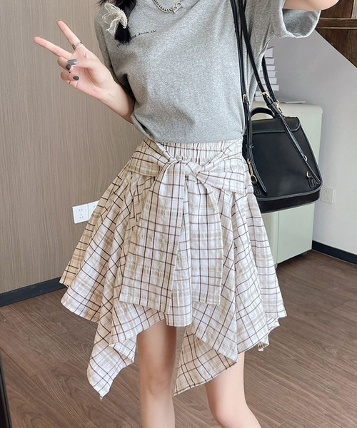 スカート 夏 チェック柄ウエストリボンミニスカート スカパン