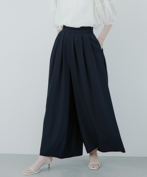 anuans ダブルサテンタックワイドパンツ　ネイビー　M アニュアンス anuans ダブルサテンタックワイドパンツ （NAVY