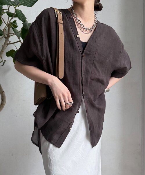 【DouDou】リネン半袖Vシャツ DouDou ブラウス シャツ リヨセルリネン半袖VVシャツ レディース