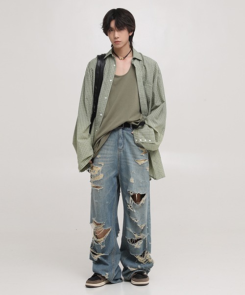 「MASONPRINCE」 ダメージ加工デニムパンツ X-SMALL ライトブルー メンズ