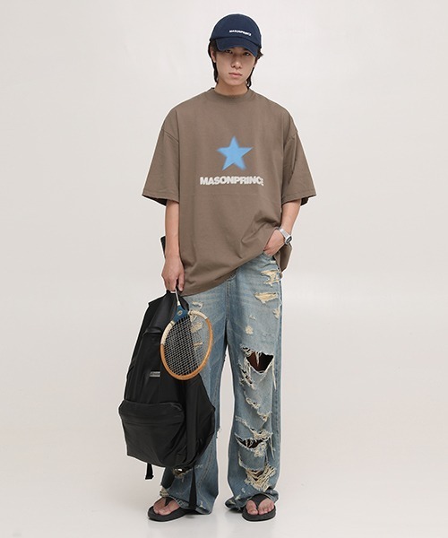 「MASONPRINCE」 ダメージ加工デニムパンツ X-SMALL ライトブルー メンズ