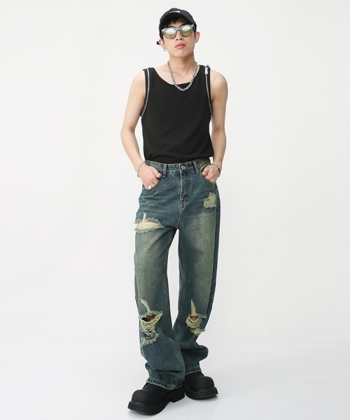 「Ressaca」 ダメージ加工デニムパンツ L ブルー メンズ