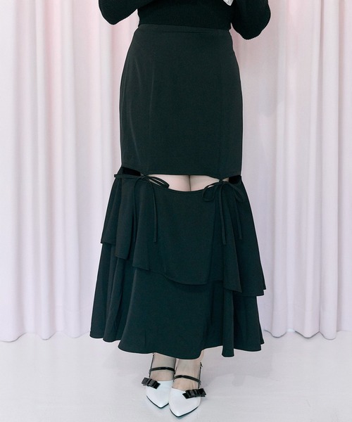 スカート Belle Charme Side Belt Pleats Rib Skirt OLIVE des OLIVE（オリーブデオリーブ） ロング スカート 「Belle