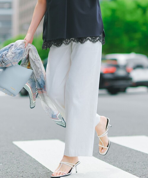 ワイドパンツ パンツ リネンレーヨンストレッチ ワイドパンツ レディースの画像