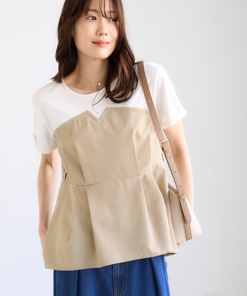 tシャツ 「ちゃんと+かわいい保証」エアリーリネンライク ドッキングカットトップス/UVケア レディースの画像