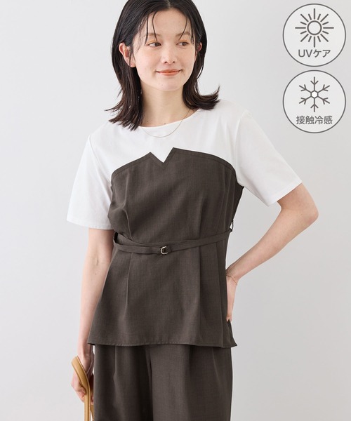 tシャツ 「ちゃんと+かわいい保証」エアリーリネンライク ドッキングカットトップス/UVケア レディースの画像