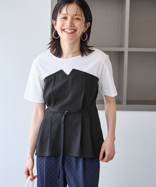 tシャツ 「ちゃんと+かわいい保証」エアリーリネンライク ドッキングカットトップス/UVケア レディースの画像