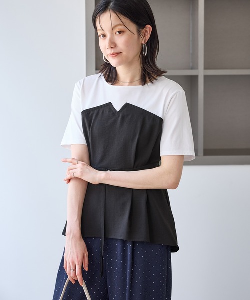 tシャツ 「ちゃんと+かわいい保証」エアリーリネンライク ドッキングカットトップス/UVケア レディースの画像