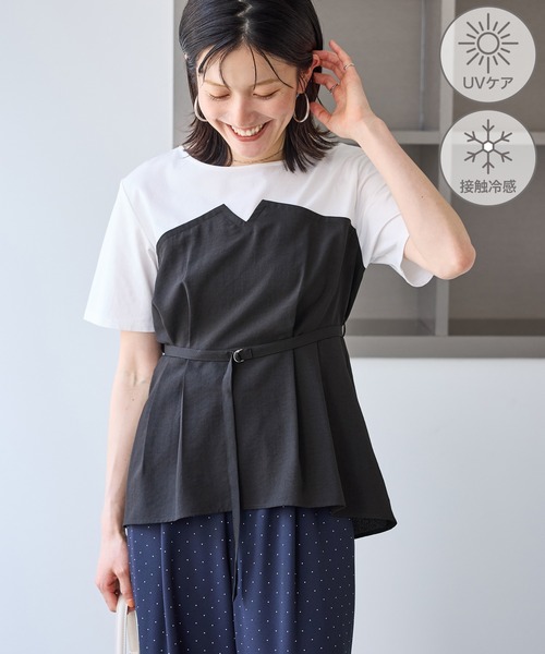 tシャツ 「ちゃんと+かわいい保証」エアリーリネンライク ドッキングカットトップス/UVケア レディースの画像