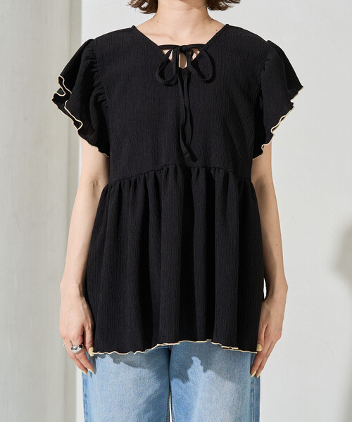 AD2009 archive リボンギャザーデザイントップス 黒 FREAK'S STORE（フリークスストア） ブラウス シャツ 半袖 限定展開
